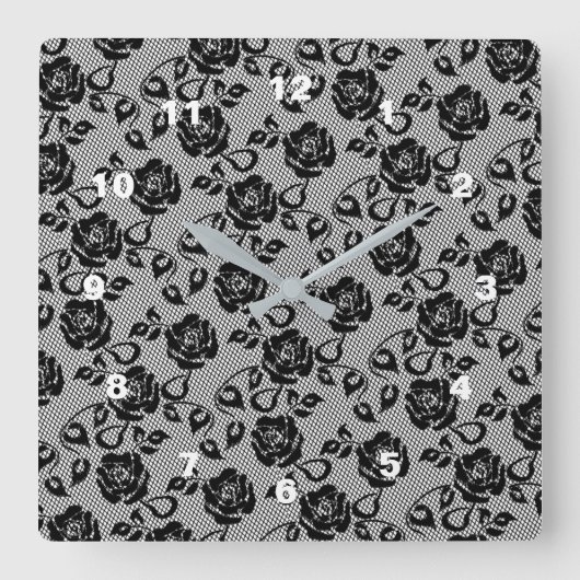 Horloge Carrée Faux Black Lace Rose Fishnet Clock (Recto)
