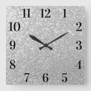 Horloge Carrée Faux paillettes argentées Nombres noirs élégants