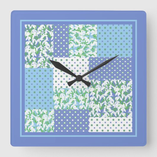 Horloge Carrée Faux Patchwork Snowdrops Blue Green et Polkas (Recto)