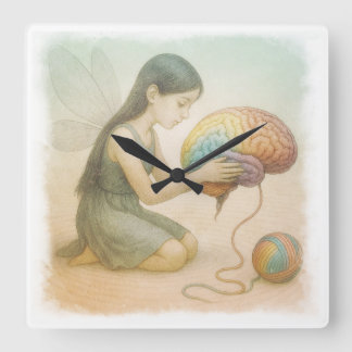 Horloge Carrée Fée ailée tissant le cerveau