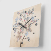 Horloge Carrée Fée imaginaire oiseaux fleurs beige grunge rétr (Angle)