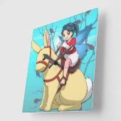 Horloge Carrée Fée manga, lapin et cavalier (Angle)