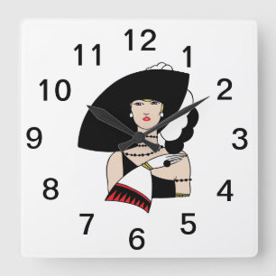 Horloge Carrée Femme Art Déco Vintage portant un chapeau des gant