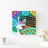 Horloge Carrée Femme aux fleurs Art Abstrait (Maison)