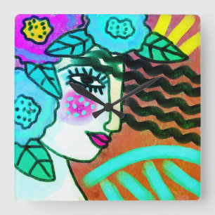 Horloge Carrée Femme aux fleurs Art Abstrait