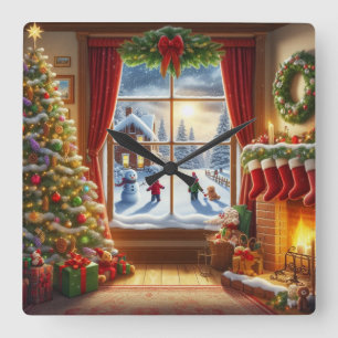 Horloge Carrée Fenêtre de Noël cosy