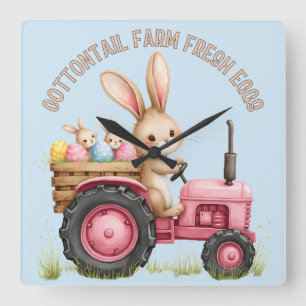 Horloge Carrée Ferme de lapin de Pâques fantaisiste tracteur vint