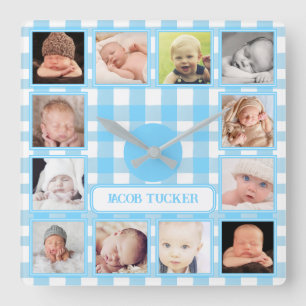 Horloge Carrée Ferme en vichy bleu Garçon Chambre de bébé 12 phot