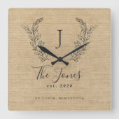 Horloge Carrée Ferme rustique monogrammée de famille élégante (Recto)