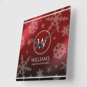 Horloge Carrée Festif Red Foil Snowflakes Nom du monogramme