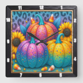 Horloge Carrée Festival d'automne de Polka Dot Citrouilles (Recto)