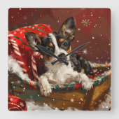 Horloge Carrée Festive de Noël de chien de Rat Terrier (Recto)