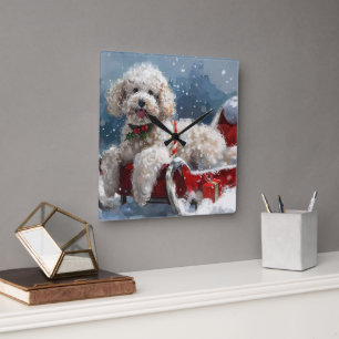 Horloge Carrée Festive de Noël du chien de caniche