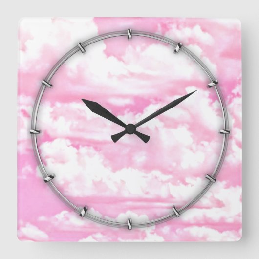 Horloge Carrée Festive Pastel nuages heureux rose (Recto)