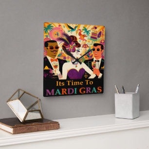Horloge Carrée Fête de cocktail rétro milieu du siècle Mardi Gras