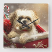 Horloge Carrée Fête de Noël de Chien Malti Tzu (Recto)