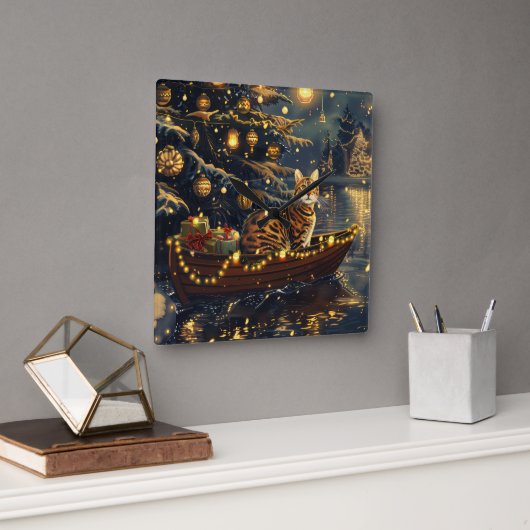 Horloge Carrée Fête de Noël du chat du Bengale Voyage (Bureau)