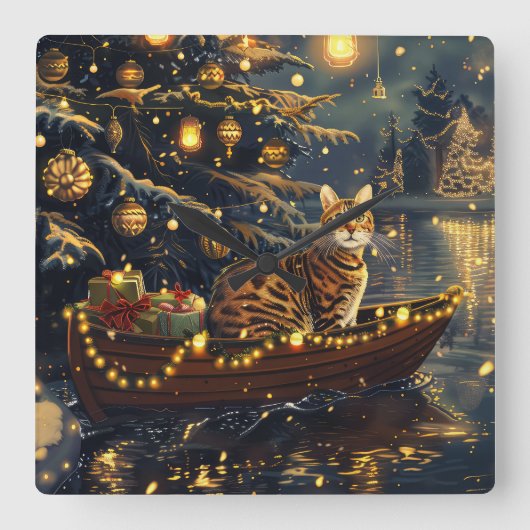 Horloge Carrée Fête de Noël du chat du Bengale Voyage (Recto)