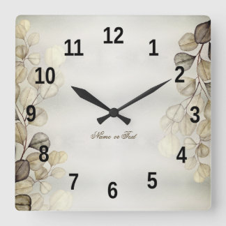 Horloge Carrée Feuillage d'eucalyptus doré aquarelle élégant bril