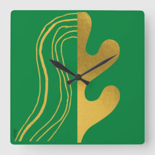 Horloge Carrée Feuille Abstraite Gold Green moderne
