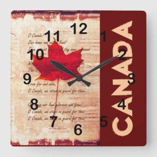 Horloge Carrée feuille d'érable canadienne rouge avec l'athem