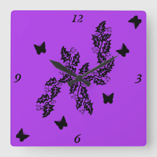 Horloge Carrée Feuille ivoire et papillon noir sur violet