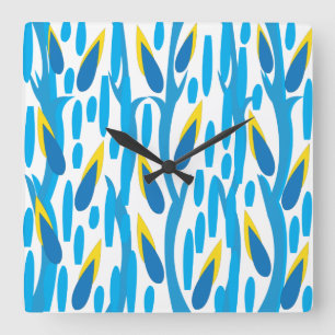 Horloge Carrée Feuilles Abstraites Bleu Jaune Nature Vintage