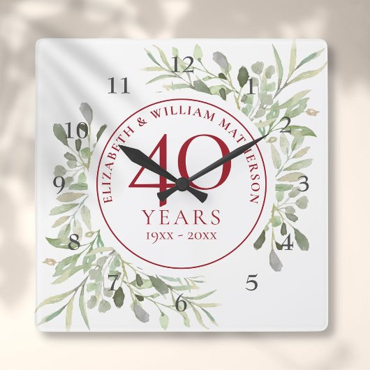 Horloge Carrée Feuilles aquarelles douces 40e anniversaire