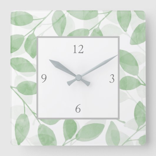 Horloge Carrée Feuilles d'aquarelle verte Sage (Recto)