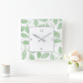 Horloge Carrée Feuilles d'aquarelle verte Sage (Maison)
