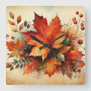 Horloge Carrée Feuilles d'automne vintage aquarelle couleurs auto