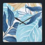 Horloge Carrée Feuilles de la Jungle Bleue<br><div class="desc">Blue Jungle IV par Juin Erica Vess. Des feuilles tropicaux aux couleurs abstraites sont réunis dans cette oeuvre d'art. | 163238Z</div>