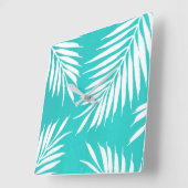 Horloge Carrée Feuilles de palme acrylique blanc turquoise (Angle)