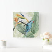 Horloge Carrée Feuilles De Palme Avec Oiseau Bleu (Maison)