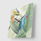 Horloge Carrée Feuilles De Palme Avec Oiseau Bleu (Angle)