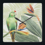 Horloge Carrée Feuilles de palmiers à oiseaux verts<br><div class="desc">Feuilles De Palmiers Avec Artiste D'Oiseaux Vertes : Grace Popp| ID d'image: 157018GG</div>
