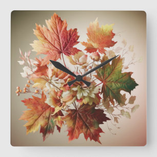 Horloge Carrée Feuilles et fleurs d'automne en bouquet d'automne