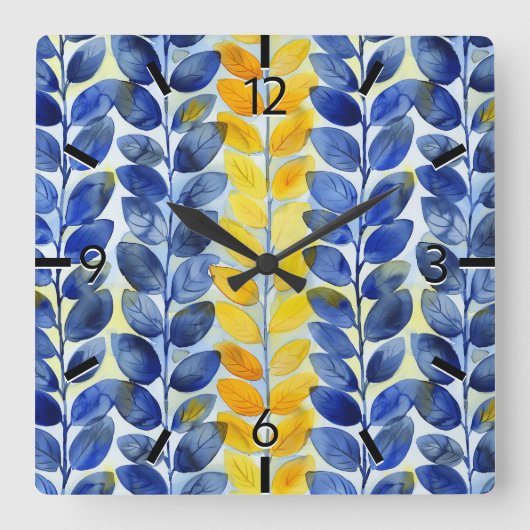 Horloge Carrée Feuilles jaune et bleu (Recto)