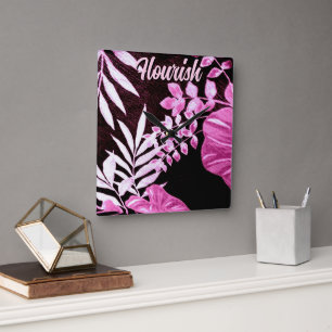 Horloge Carrée Feuilles tropicales botaniques Palmier Rose Person