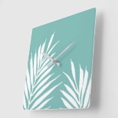 Horloge Carrée Feuilles Turquoises doux de palmier blanc (Angle)