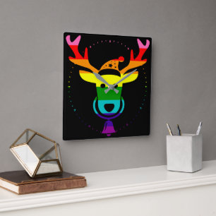 Horloge Carrée Fierté LGBTQ Rainbow Cute Reindeer Head Noël S