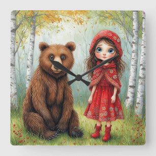 Horloge Carrée Fille adorable et ours dans une forêt fantaisiste