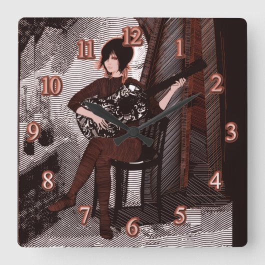 Horloge Carrée Fille avec guitare (Recto)