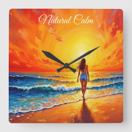 Horloge Carrée Fille coucher de soleil promenade décor des vagues (Recto)