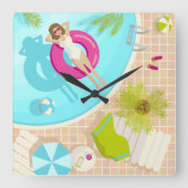 Horloge Carrée Fille de piscine en bikini plage d'été (Recto)