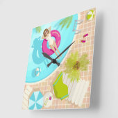 Horloge Carrée Fille de piscine en bikini plage d'été (Angle)