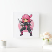 Horloge Carrée Fille Ninja rose (Maison)