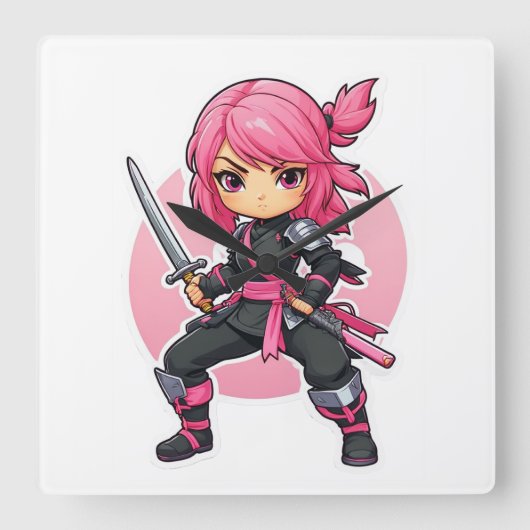 Horloge Carrée Fille Ninja rose (Recto)