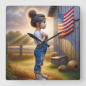 Horloge Carrée Fille patriotique avec drapeau américain (Recto)