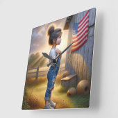 Horloge Carrée Fille patriotique avec drapeau américain (Angle)